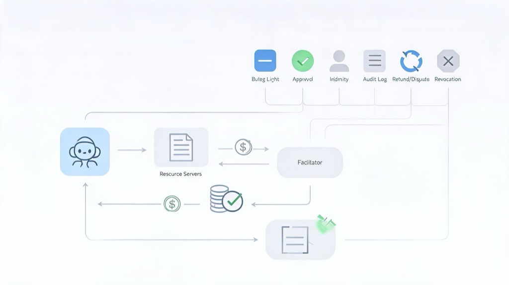 Mechanism illustration showing an AI agent paying for an API resource through an x402-style stablecoin rail, with a separate control layer for budget, approval, identity, audit, disputes, and revocation.
