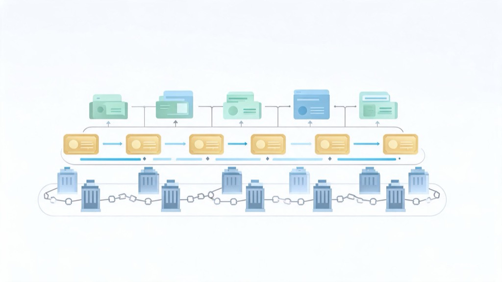 An abstract three-layer Arc settlement stack: institutional validators at the base, tokenized asset and clearing integrations in the middle, and DeFi, payment, and access applications at the edge.